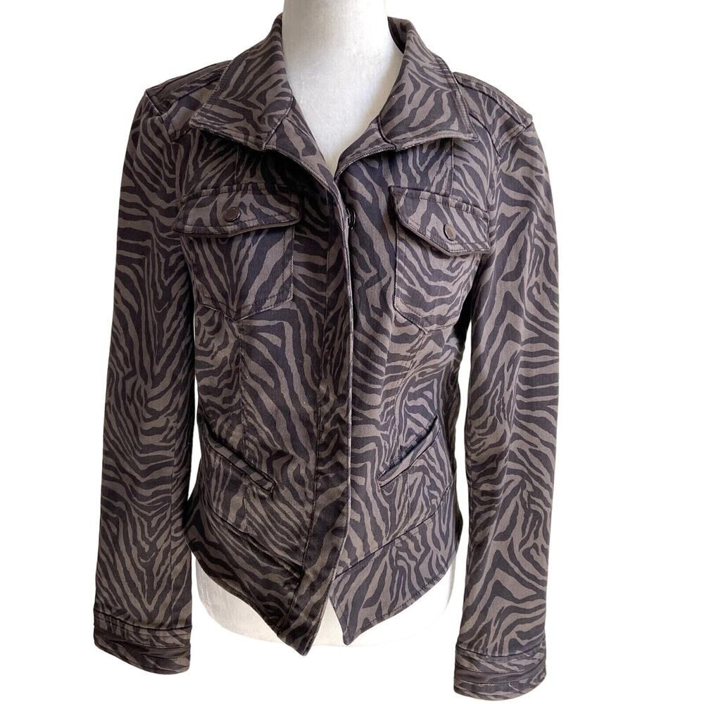 White House Black Market Printed Band Jacket Chocolate Brown Zebra Print Size 8
